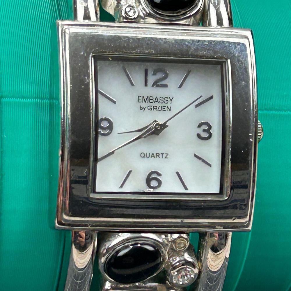 Embassy by Gruen Silver Tone Mother of Pearl Black Cabochon Cuff Watch GEM3316L